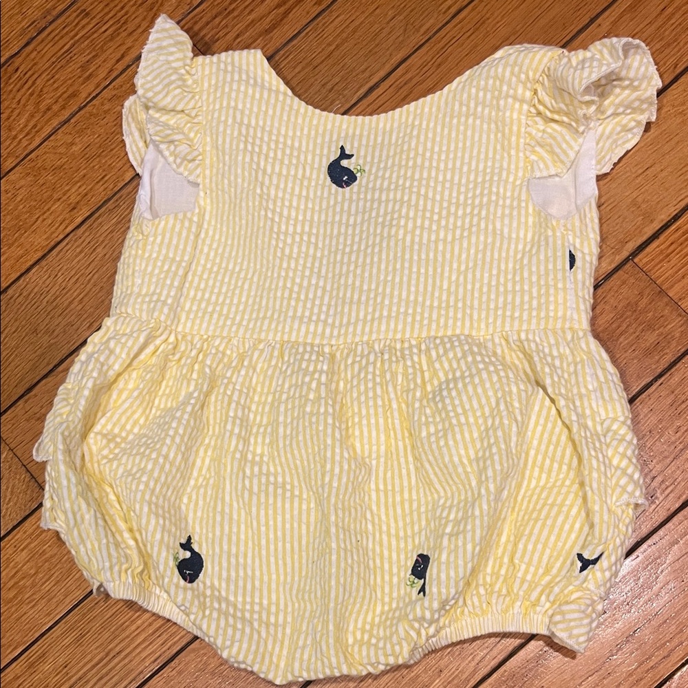 Lil Cactus Baby Girl Yellow Seersucker Ruffle Romper with Navy Whale Embroidery